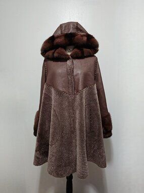 NewReal Sheepskin Shearling Lamb Fur Napa Leather Coat Jacket Brown Mink Hooded